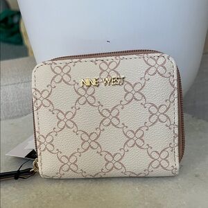 Nine West Cream Logo-Print Zip Around Wallet with Gold Tone Logo
